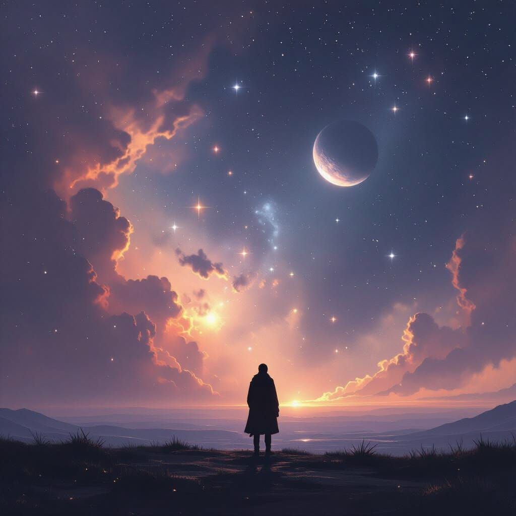 Lone Figure Gazing at Cosmic Nebula and Distant Planet