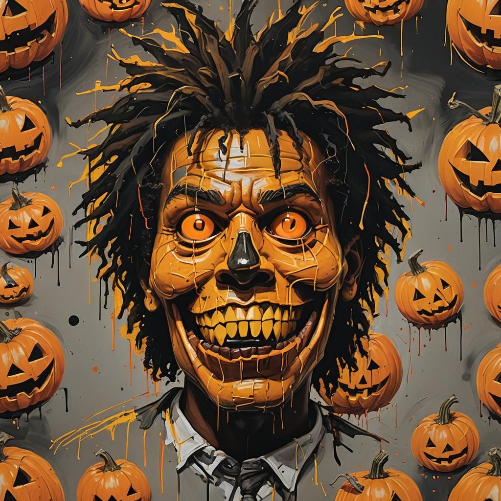 Basquiat-Inspired Jack-o-lantern in Hyperrealistic Splash Ar...