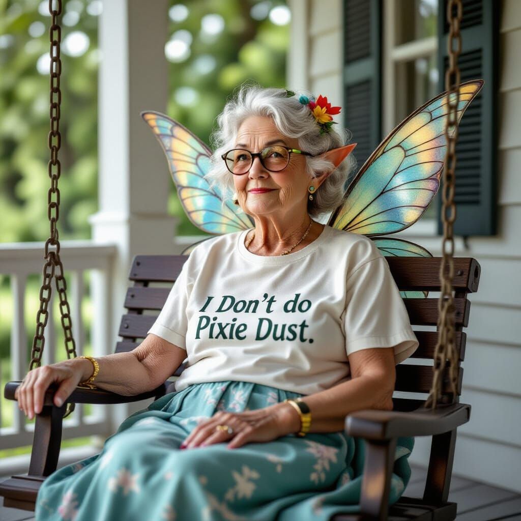 Retired Fairy Relaxing on Porch Swing