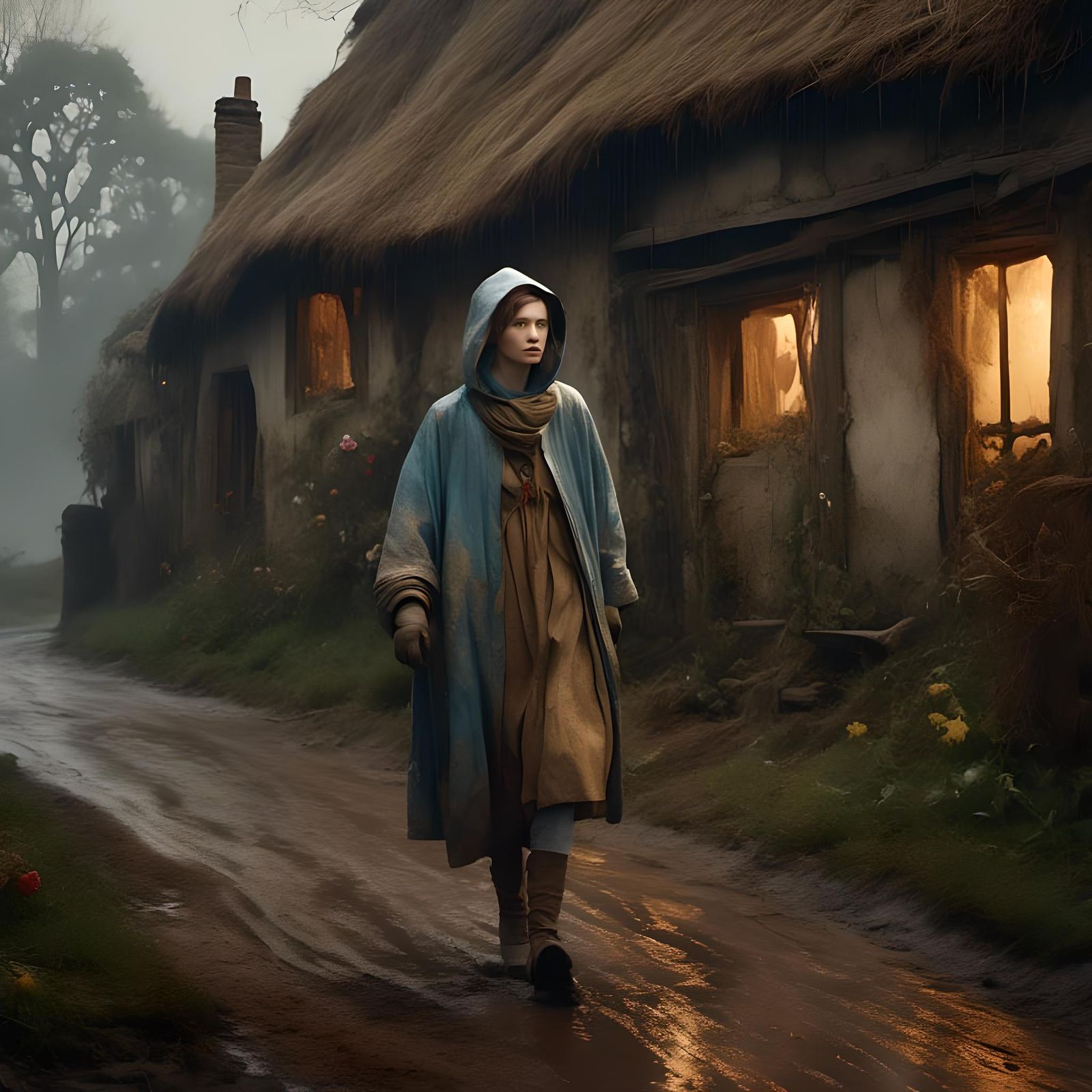 Hyperrealistic Woman in Raincoat by Thatched Cottage