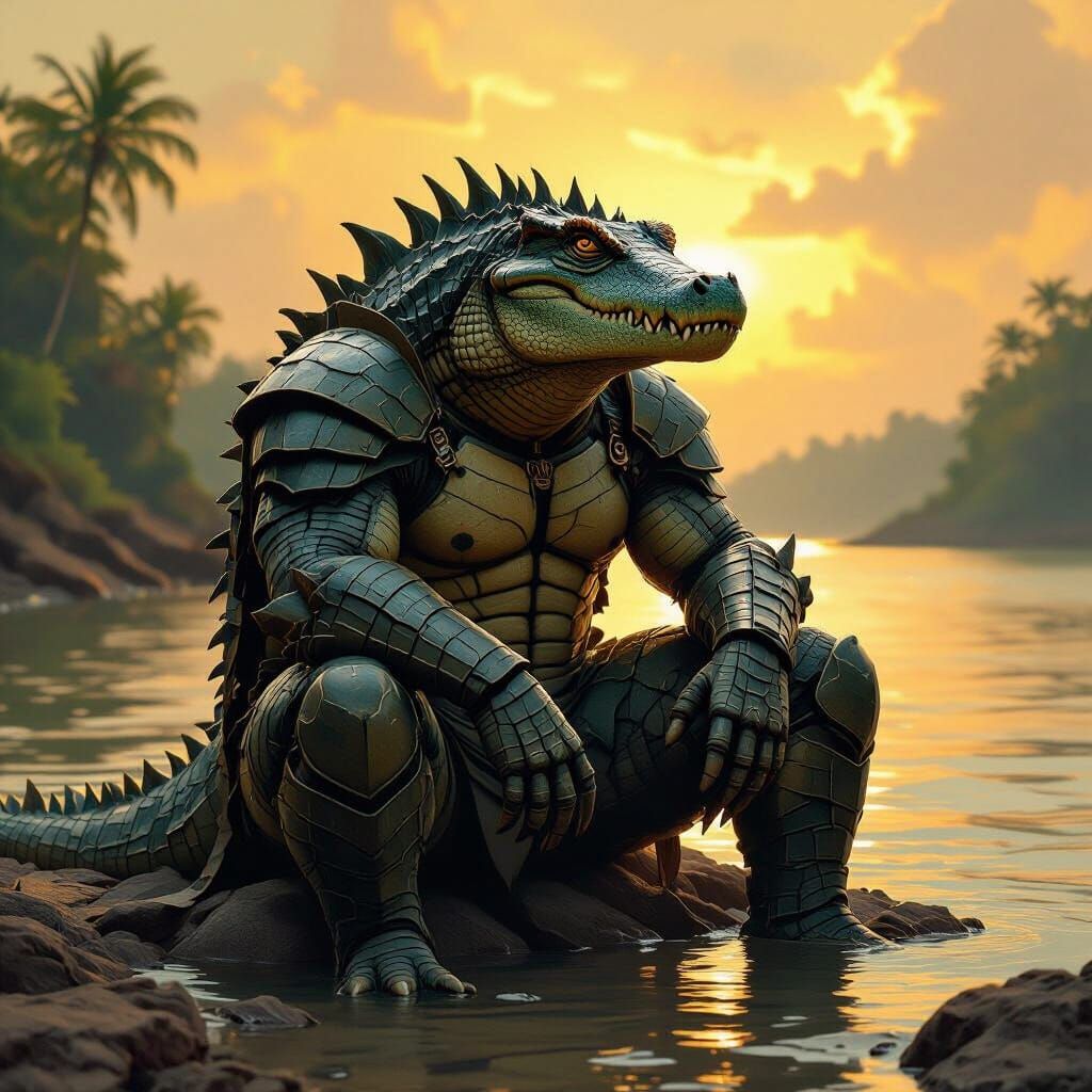Armored Reptile Hunter in Golden Light, Fantasy Art
