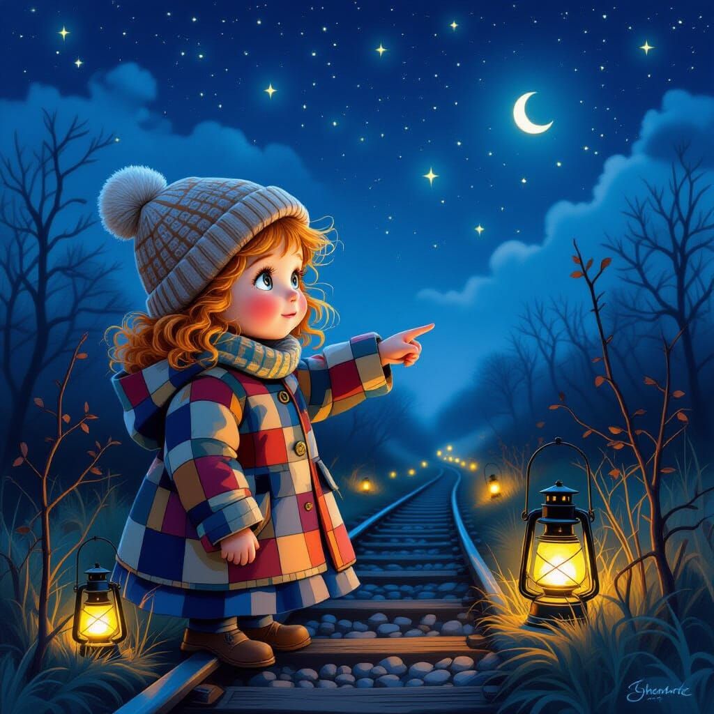 Girl with Glowing Lanterns on Starry Night
