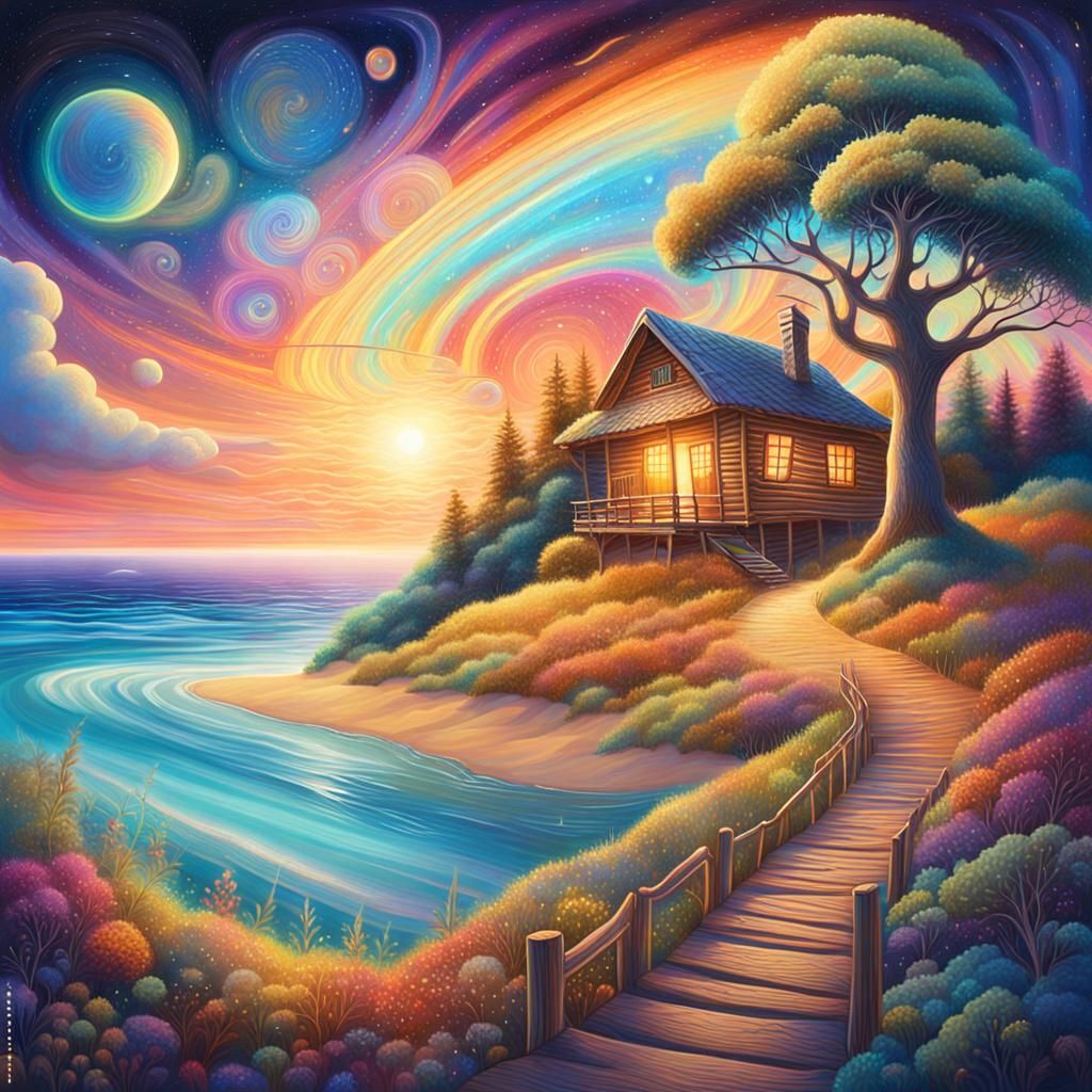 Cosmic Cottage on Hillside Beach: Mixed Media Illustration