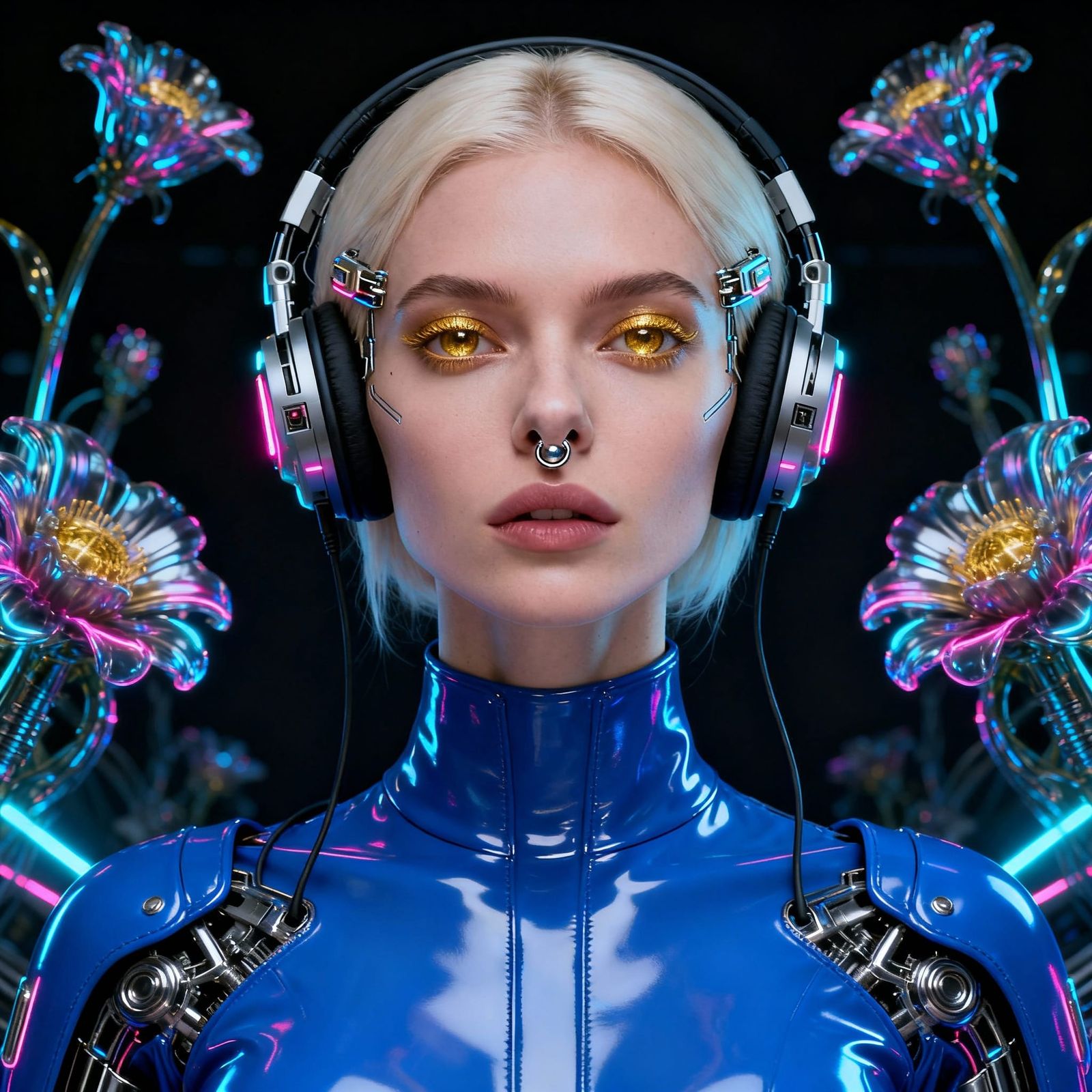 Cyberpunk Woman with Golden Eyes in Blue Latex
