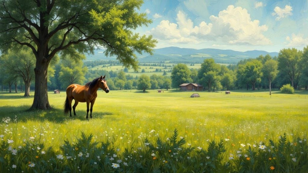 Horse in Field: Hyperrealistic Impasto Oil Painting