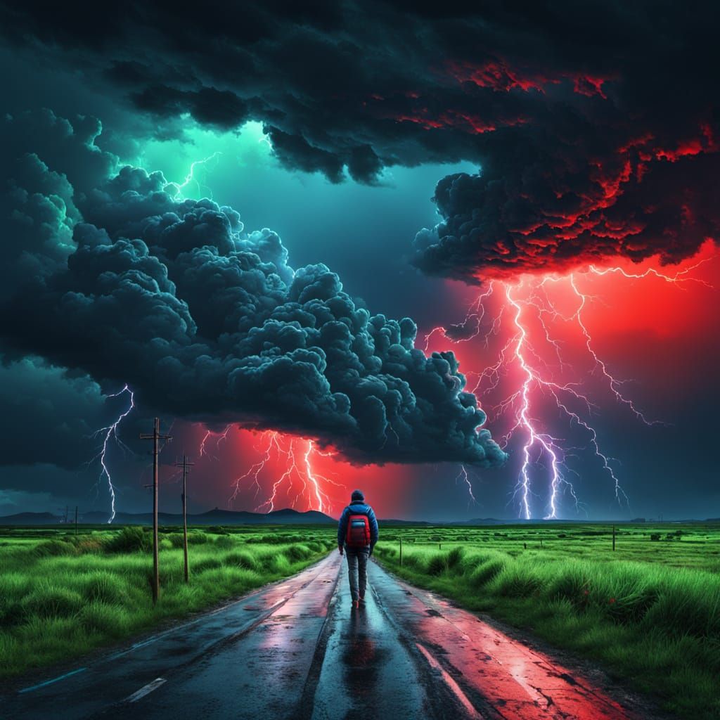 Ethereal Hitchhiker Strides into a Neon Storm