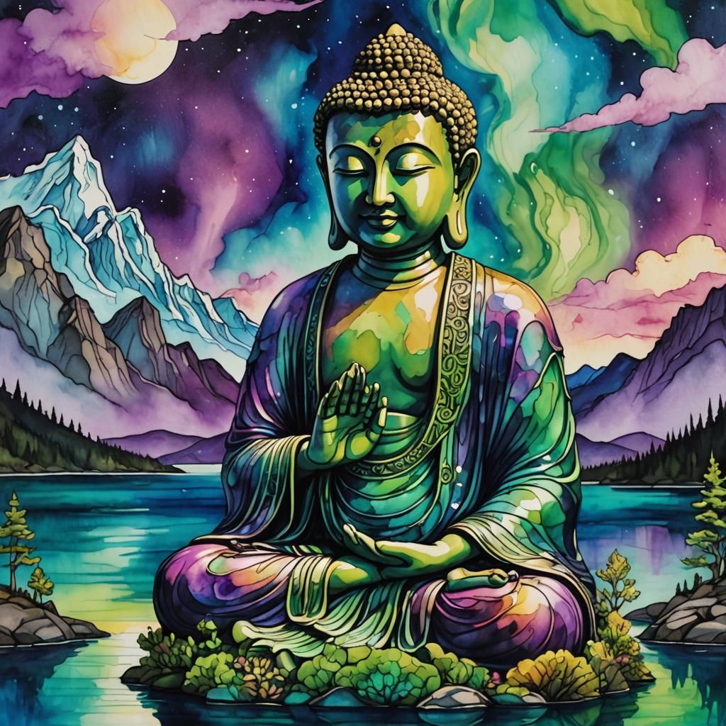 Buddha Under Northern Lights: Alcohol Ink Illustration