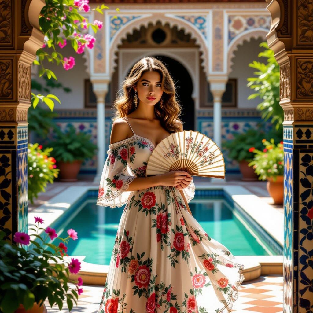 Andalusian Woman in Courtyard, Hyperrealistic Old Hollywood ...