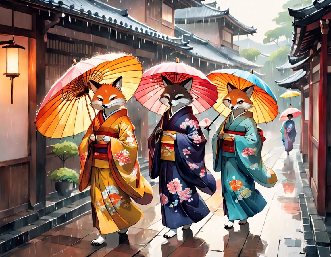 Anthropomorphic Geisha Foxes in Whimsical Watercolor