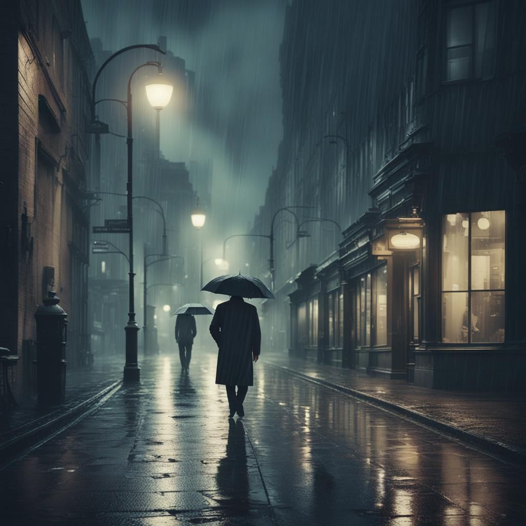 Detective in Rainy City: A Film Noir Scene