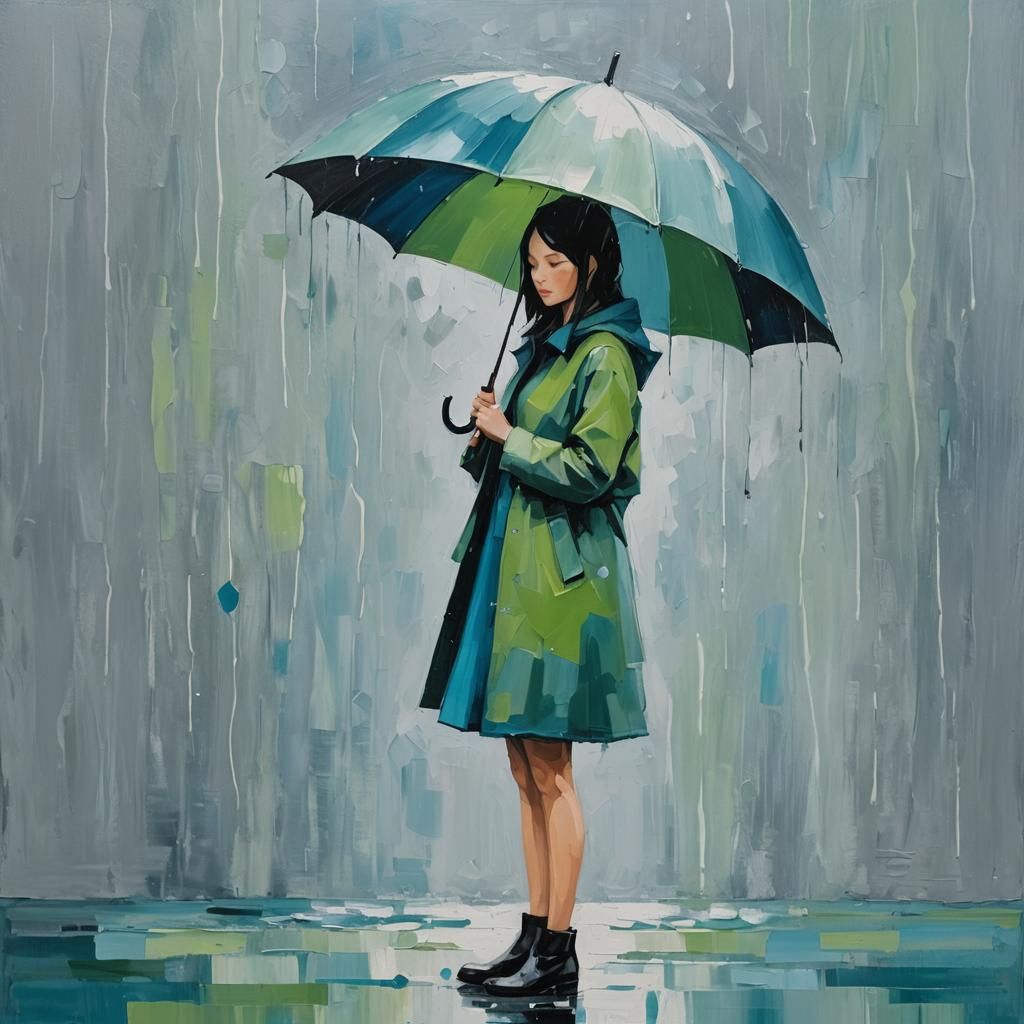 Minimalist Painting of Girl with Umbrella in Rain