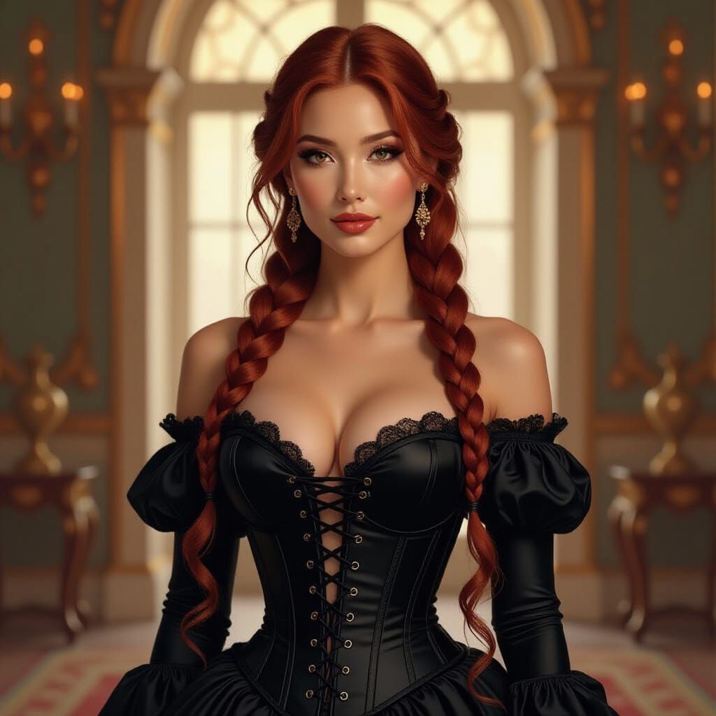 Curvy Woman with Braided Red Hair in Elegant Room