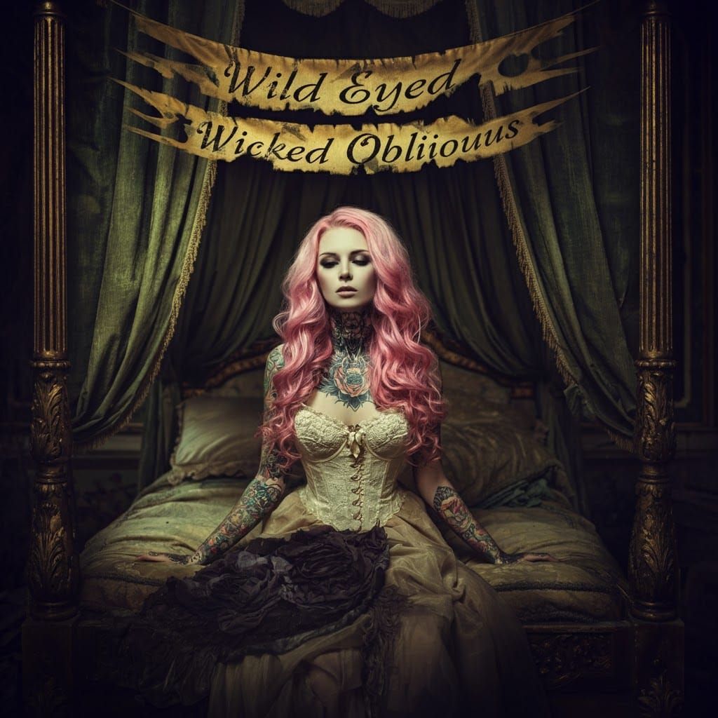 A lady with long wavy pink hair and a heavily tattooed decol...