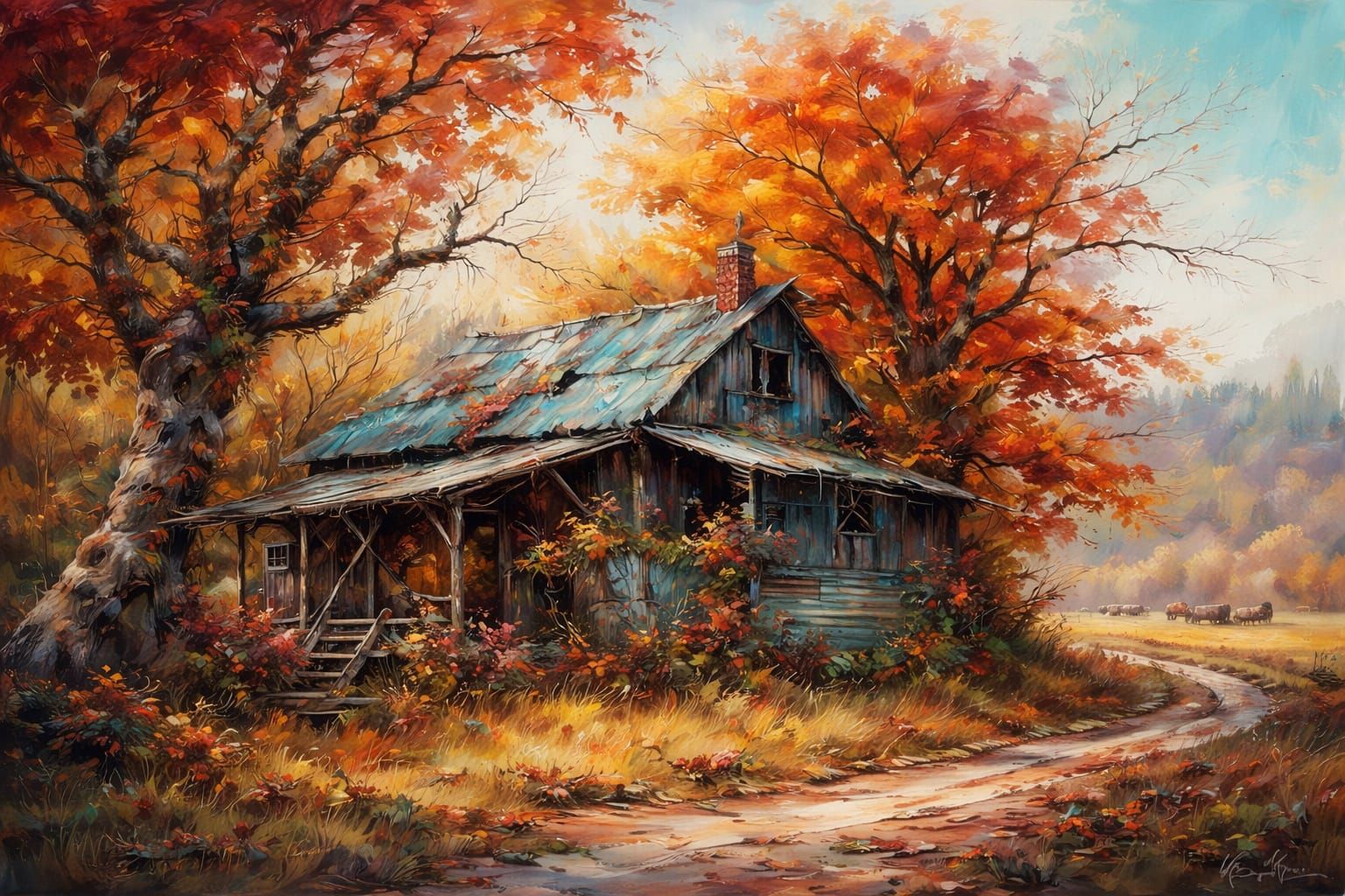Vibrant Autumn Farm Landscape as Impasto Oil Painting