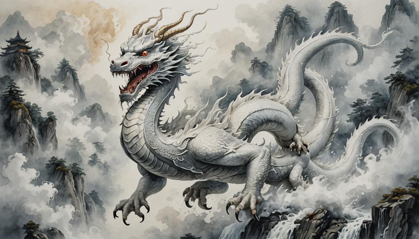 Chinese Dragon Emerges, Wet-Wash Watercolor Art