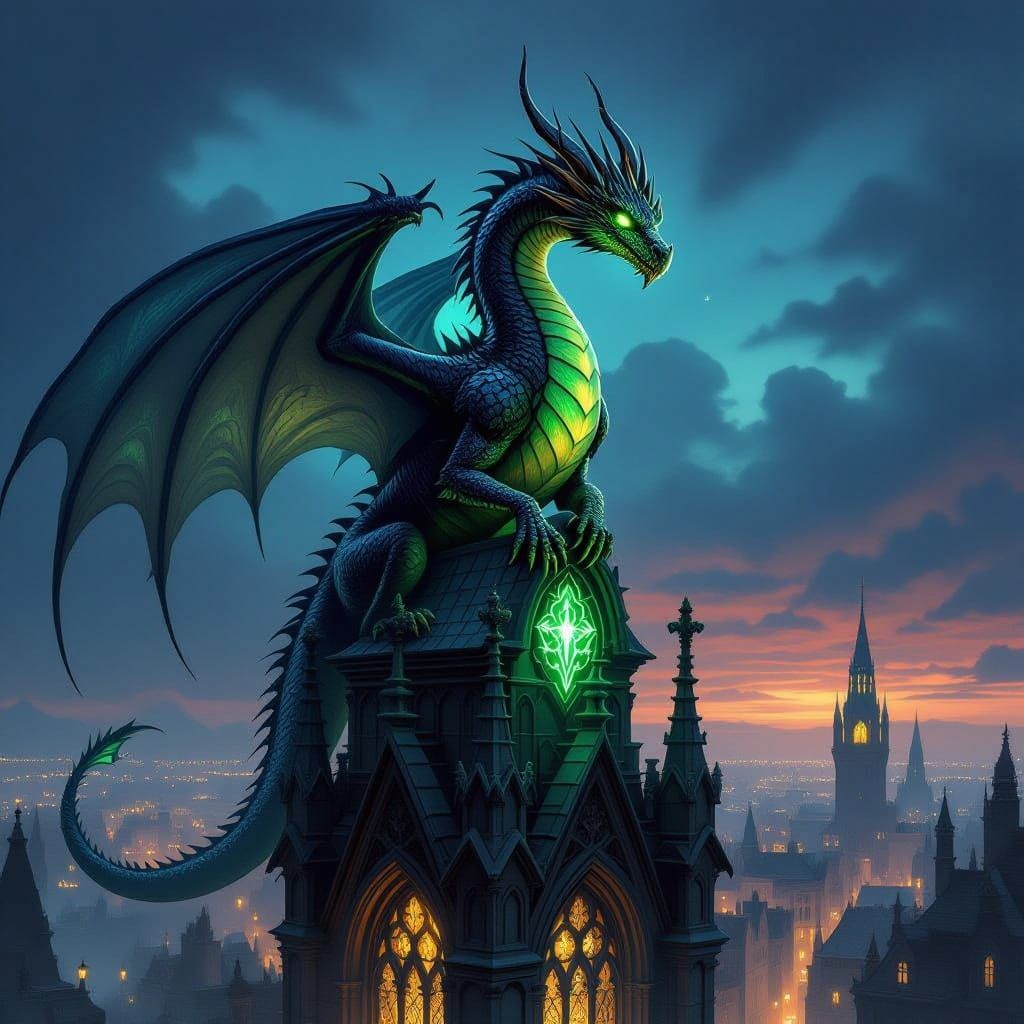 Ancient Dragon on Gothic Cathedral Over Victorian City