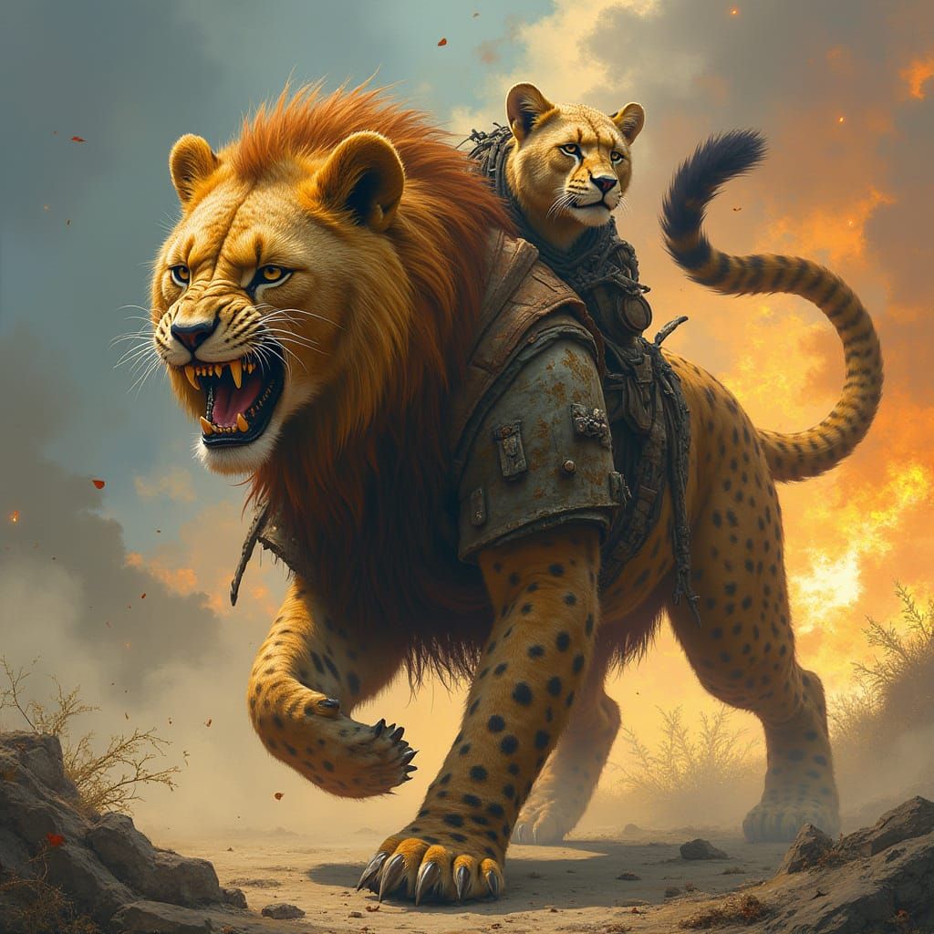 Double-Headed Lion-Cheetah Hybrid in Tattered Clothing