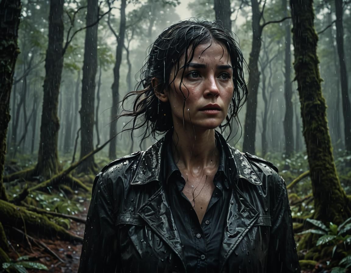 Film Noir Woman Walks Through Forest: Concept Art