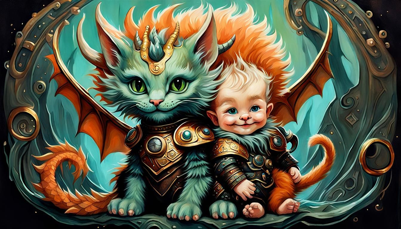Futuristic Viking Baby with Dragon-Kitten