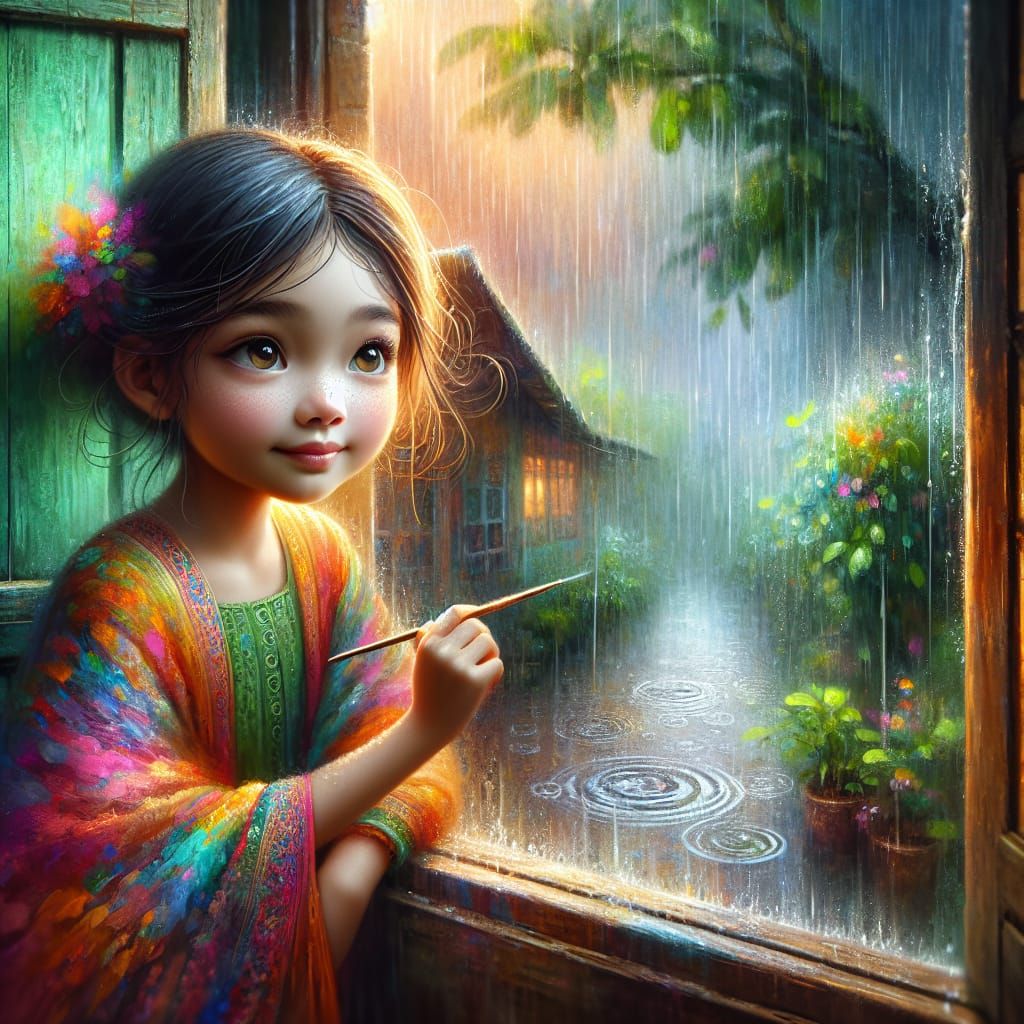 Girl Watching Rain: Whimsical Painterly Scene