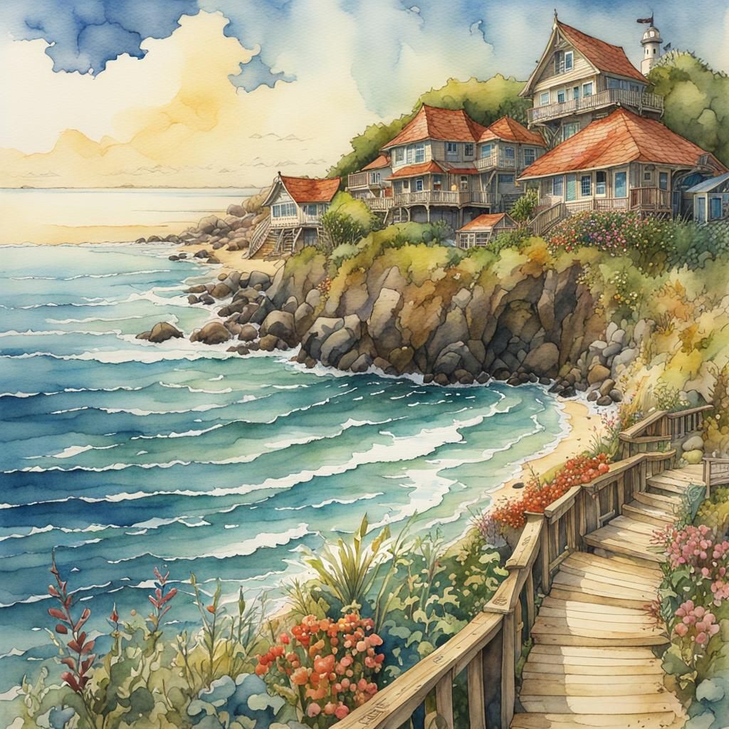 Colorful Seashore Landscape in Watercolor Style