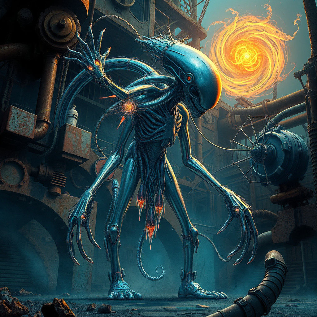 Otherworldly Being with Metallic Appendages in Industrial Fa...