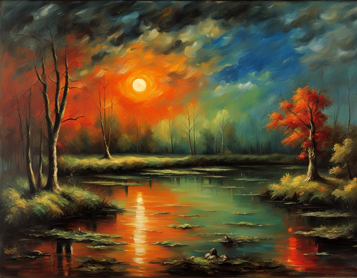 Gloomy Swamp at Night in Oil Painting Style