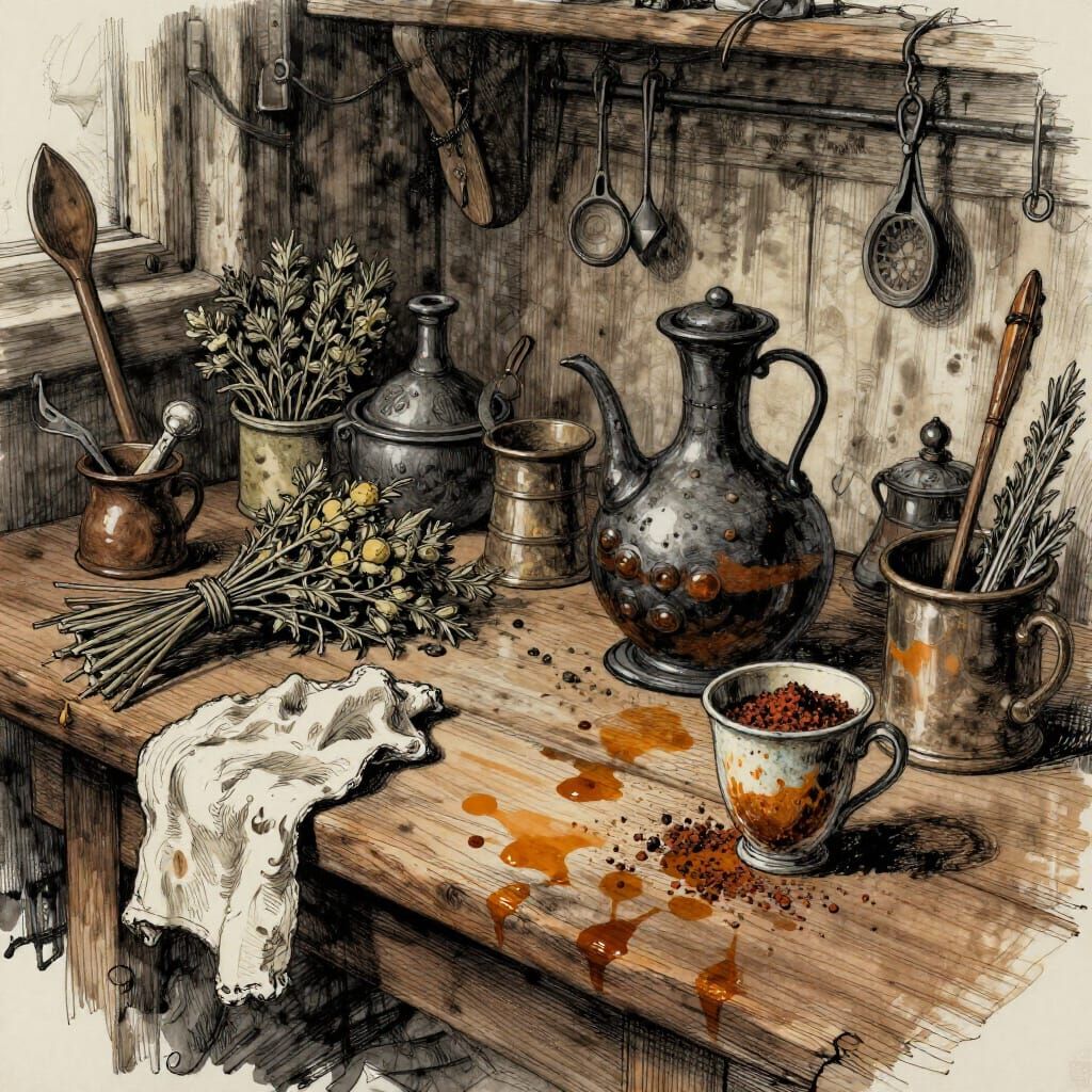 Medieval Alchemist Studio in Energetic Ink Drawing Style