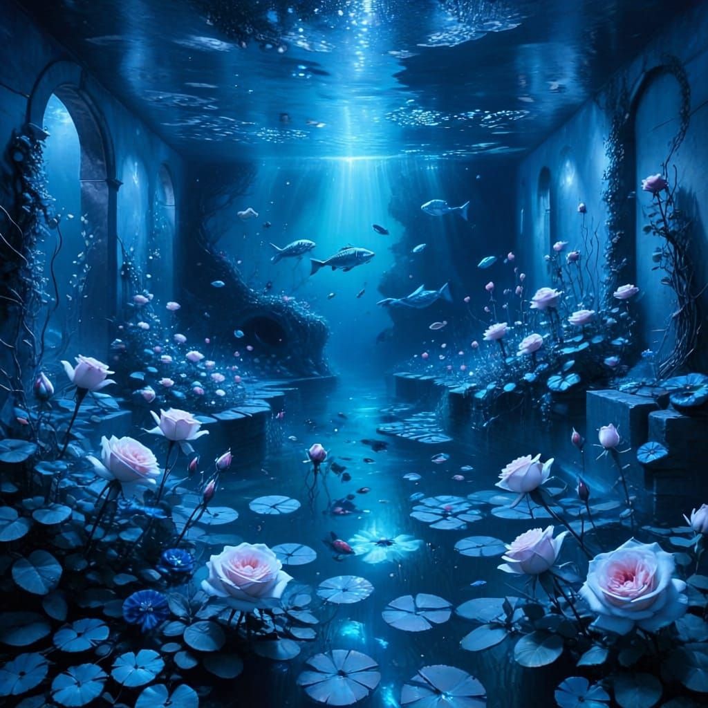 Dreamy Underwater English Garden in Surreal Blue Hues