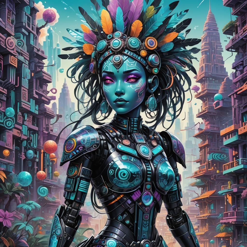 Aztec Robot Girl in a Futuristic Cityscape