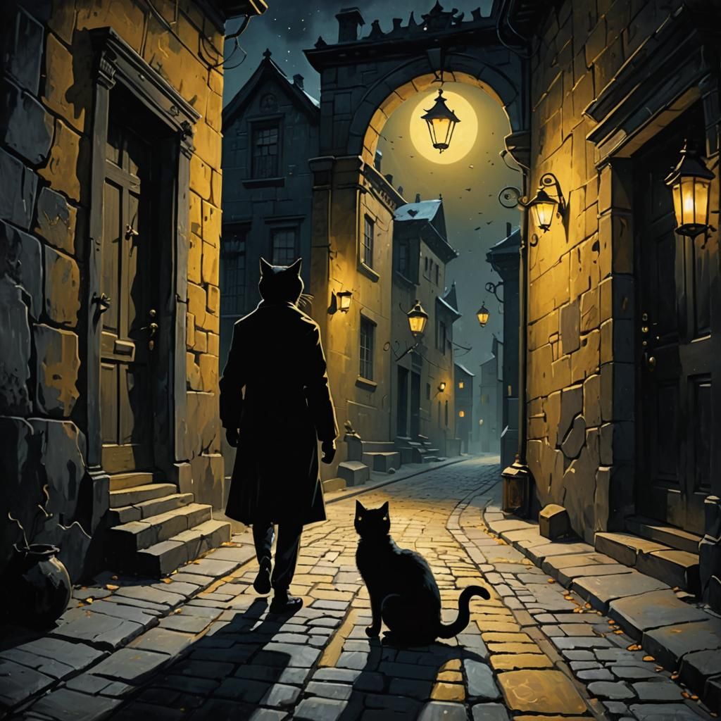 Noir Black Cat Crossing Moonlit Street