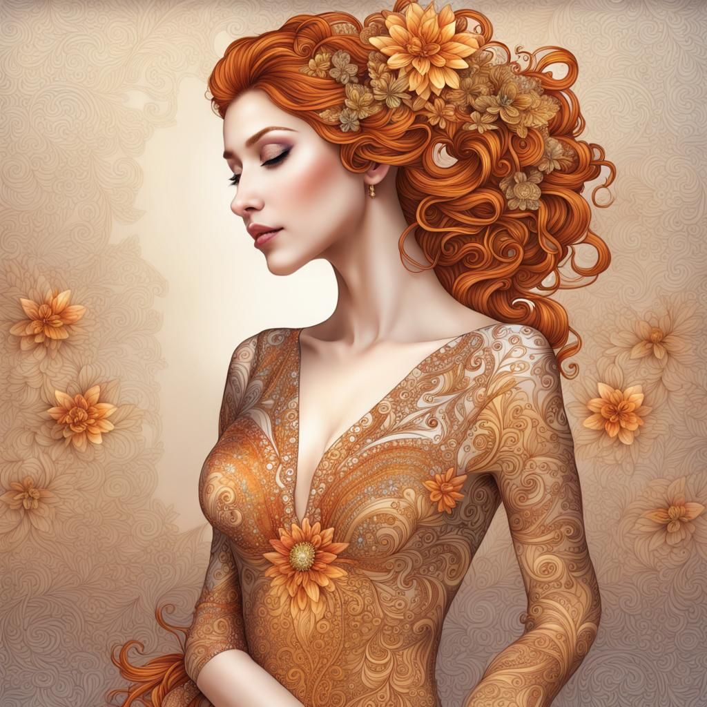 Graceful Woman in Gown with Zentangle Flowers