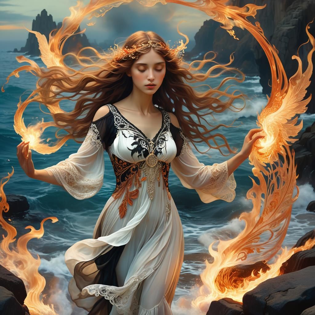 Mystical Woman Walking Through Flames in Art Nouveau Style