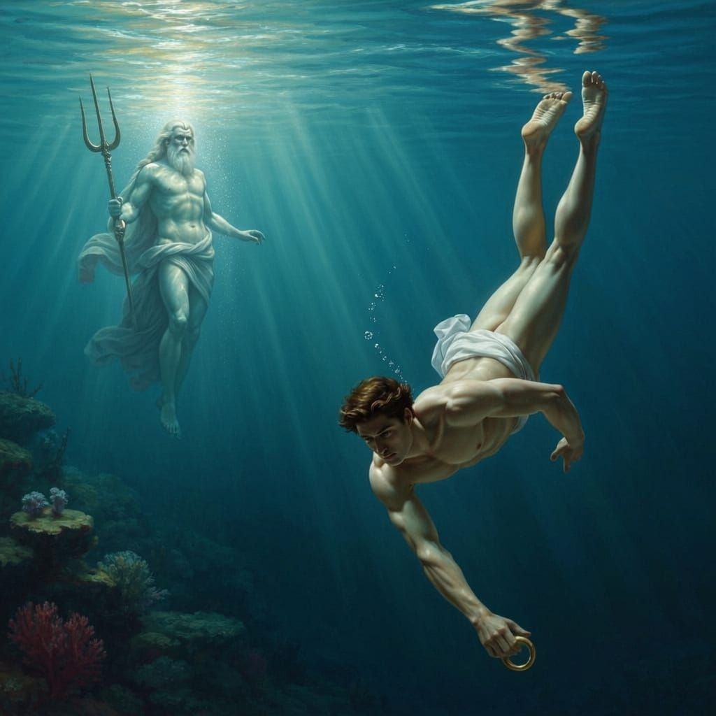Theseus Dives for a Ring as Poseidon Watches