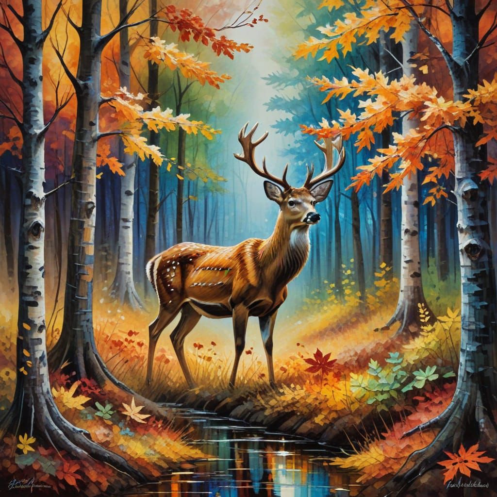 Autumn Deer in Expressionist Impasto Maple Forest