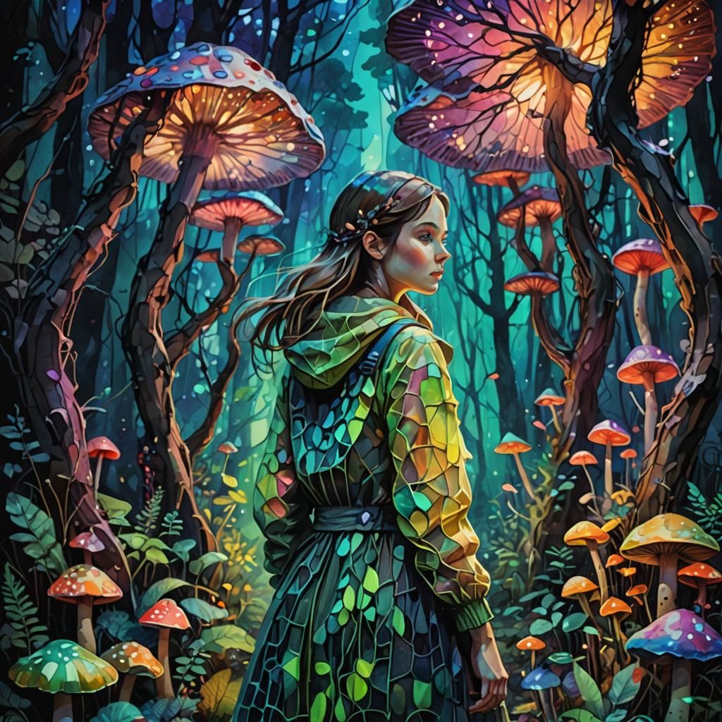 Girl Explores Neon Mushroom Forest in Watercolor Style