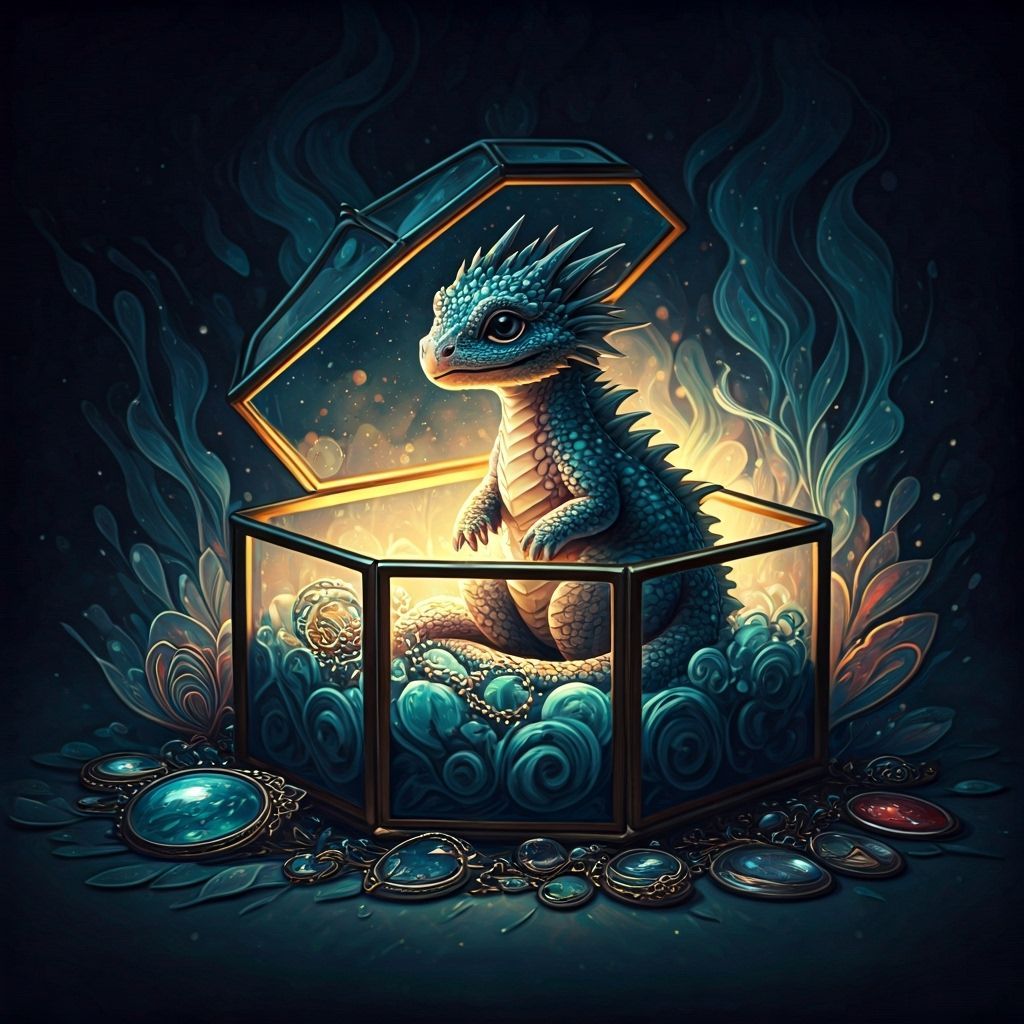 Baby Dragon in Jewelry Box Watercolor Art