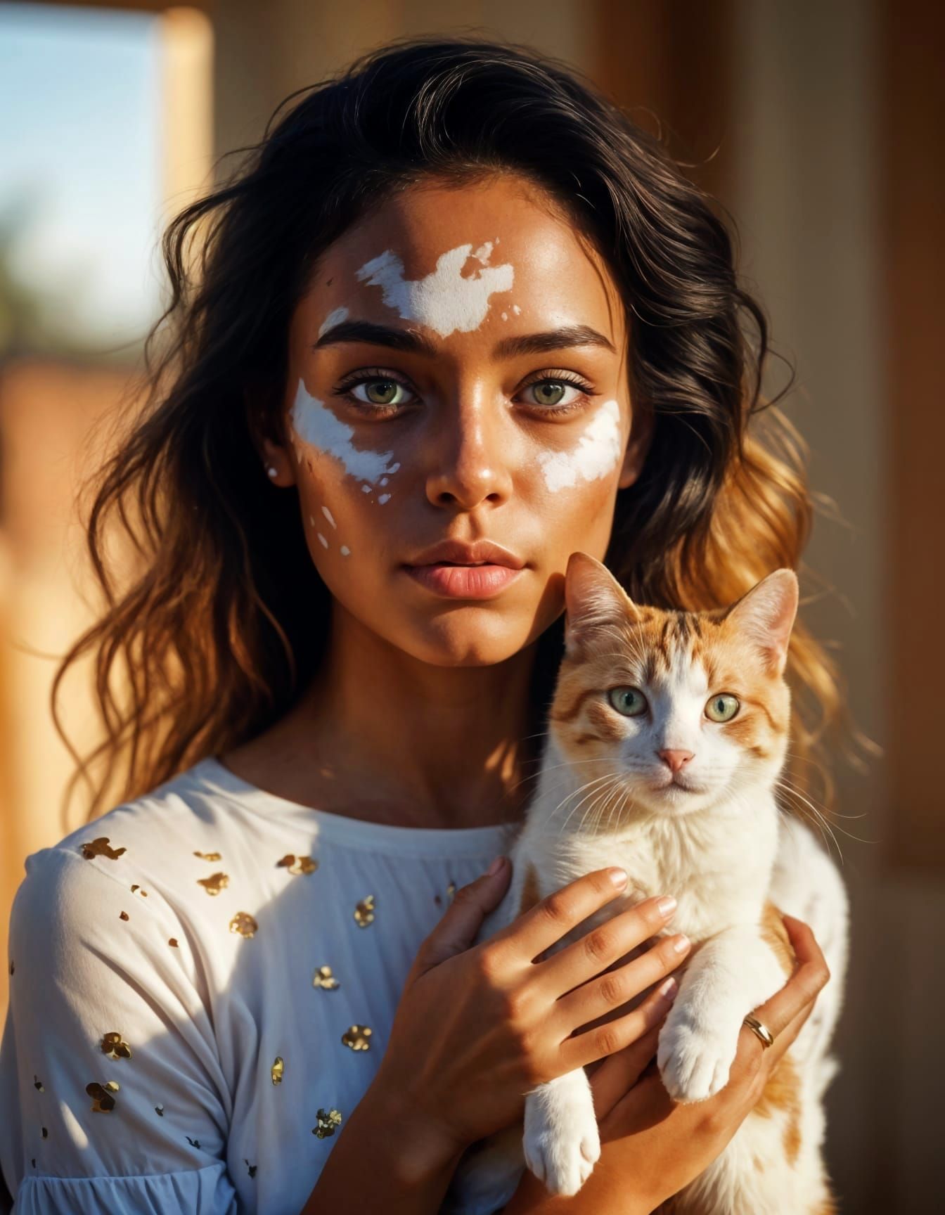 Woman with vitiligo and a calico cat