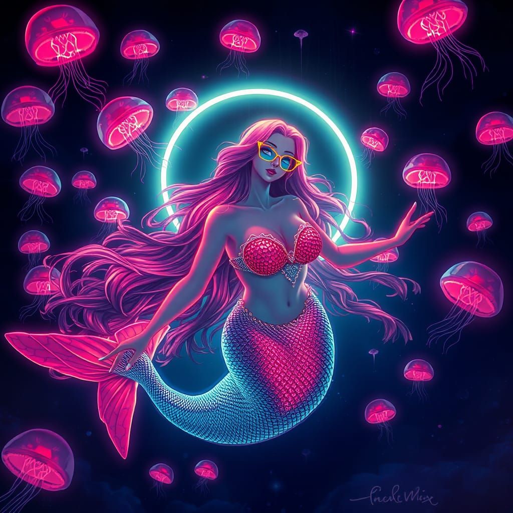 Cyberpunk Mermaid in Bioluminescent Ocean