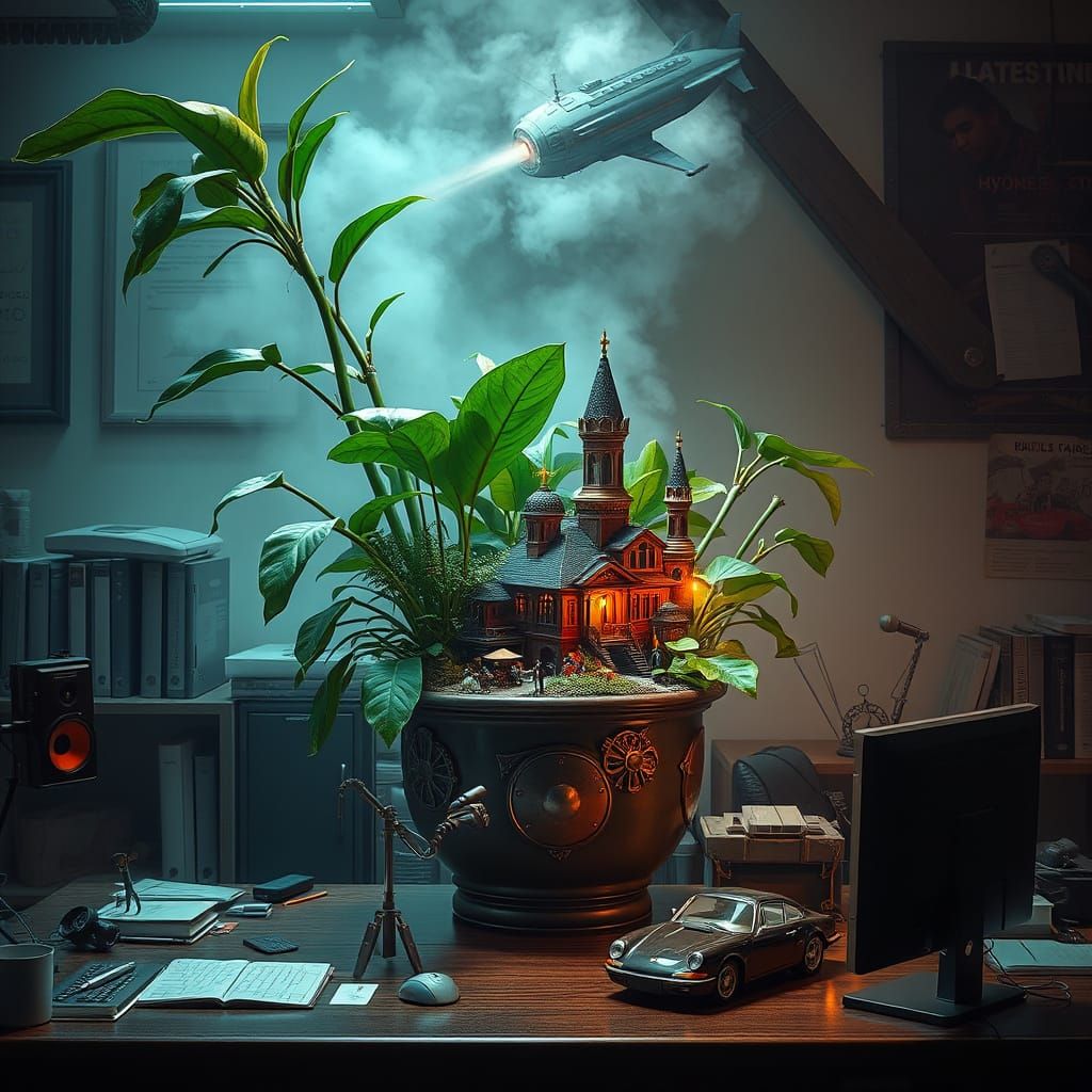 Steampunk Village in Flowerpot: Dystopian Futurism