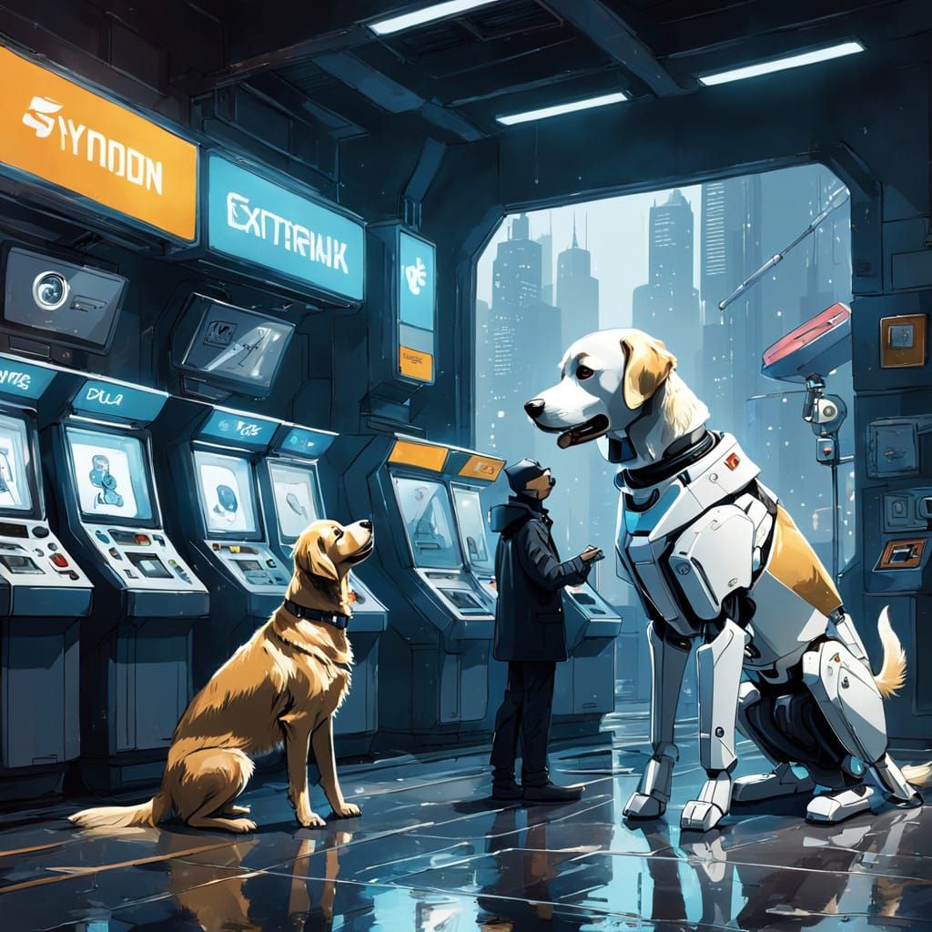 Robotic Banker Surprised by Friendly Canine in Cyberpunk Cit...