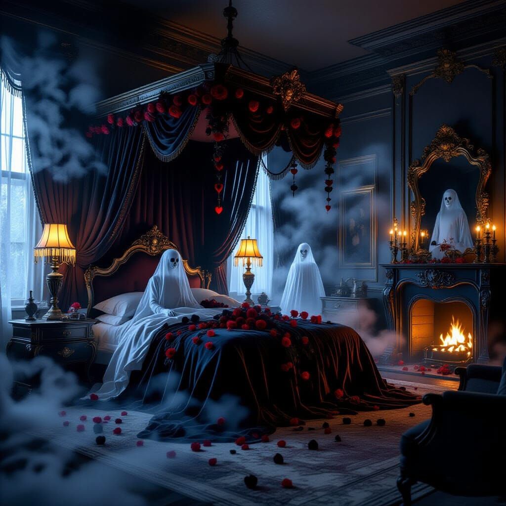 Gothic Victorian Bedroom with Ethereal Apparitions