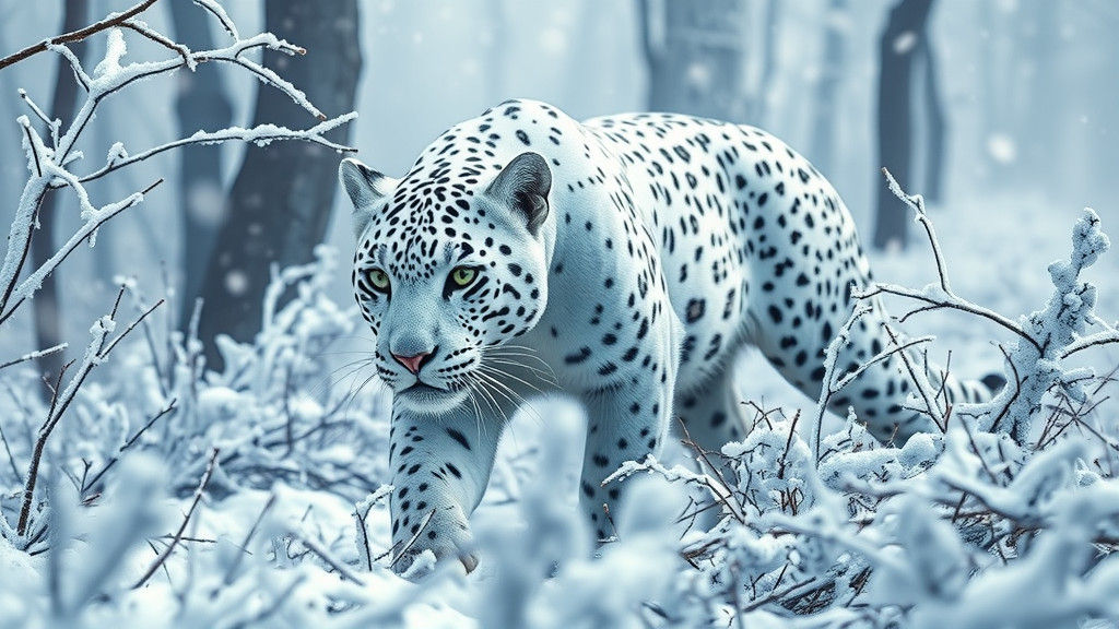 White Jaguar Prowls Through Winter Forest in Hyperrealism