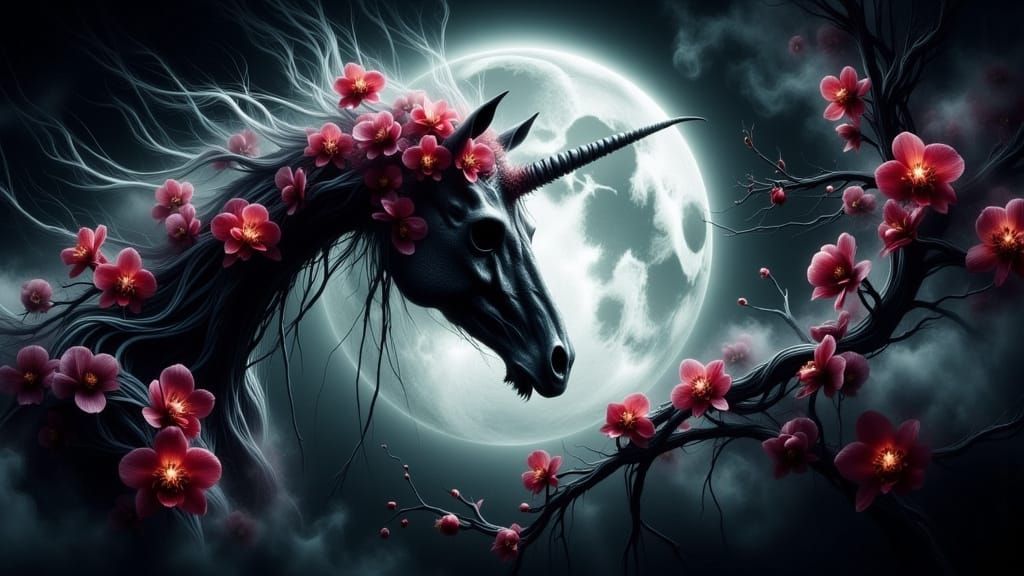 Eerie Unicorn Skeleton with Orchids in Macabre Style