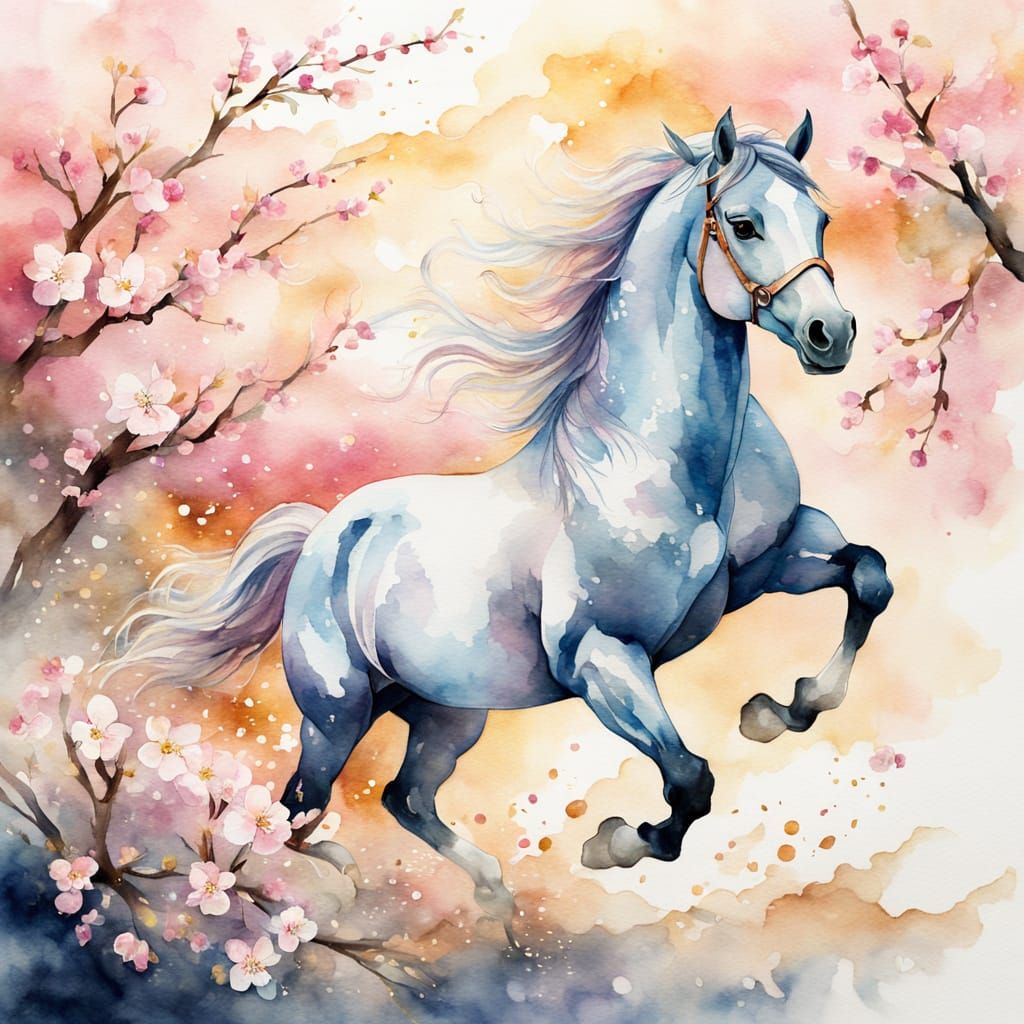Watercolor Cherry Blossom Horse in Misty Morning