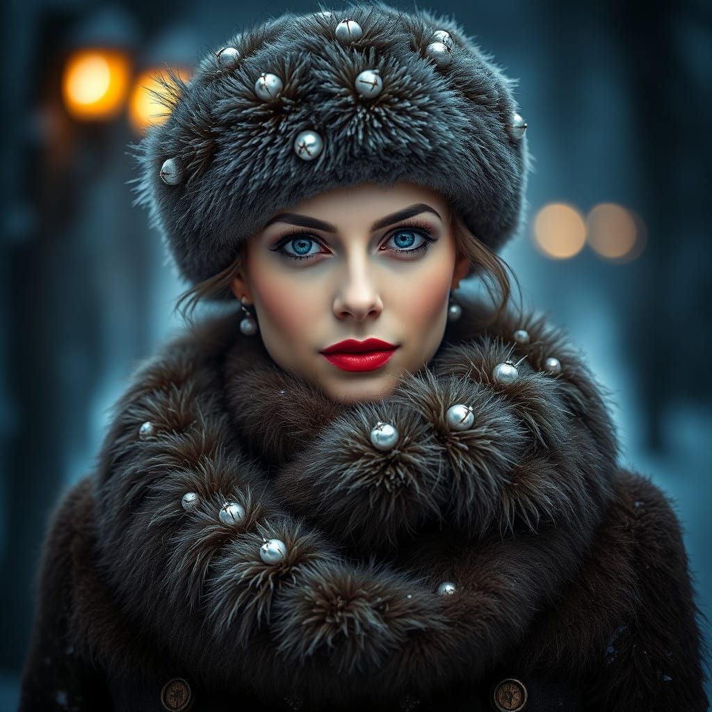 Elegant Siberian Woman with a Majestic Peacock in Warm Winte...