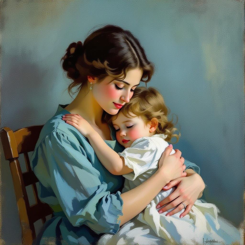 Impressionist Mother and Child Embrace in Soft Light