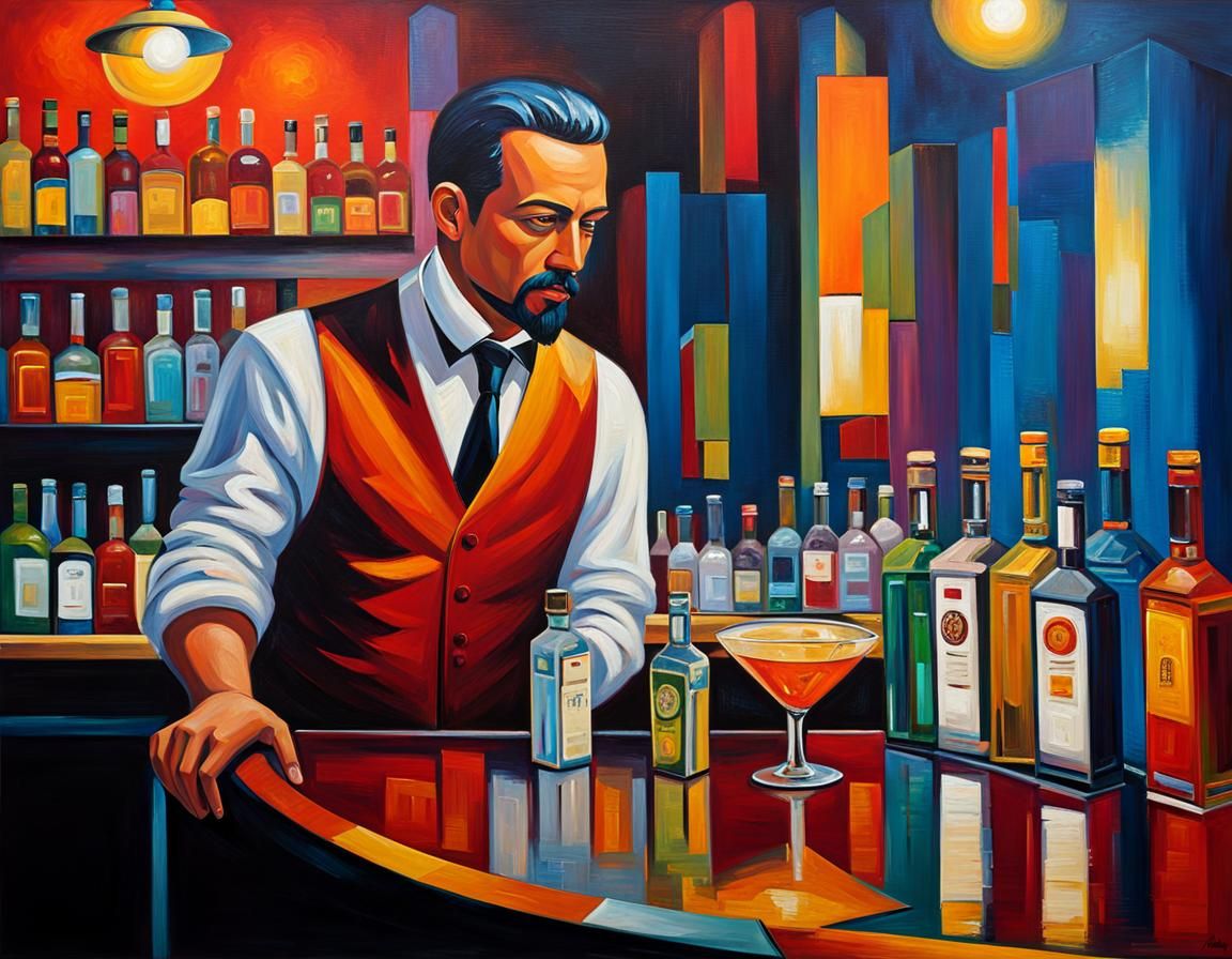 Futuristic Bartender: Neo-Impressionist Expressionist Oil Pa...