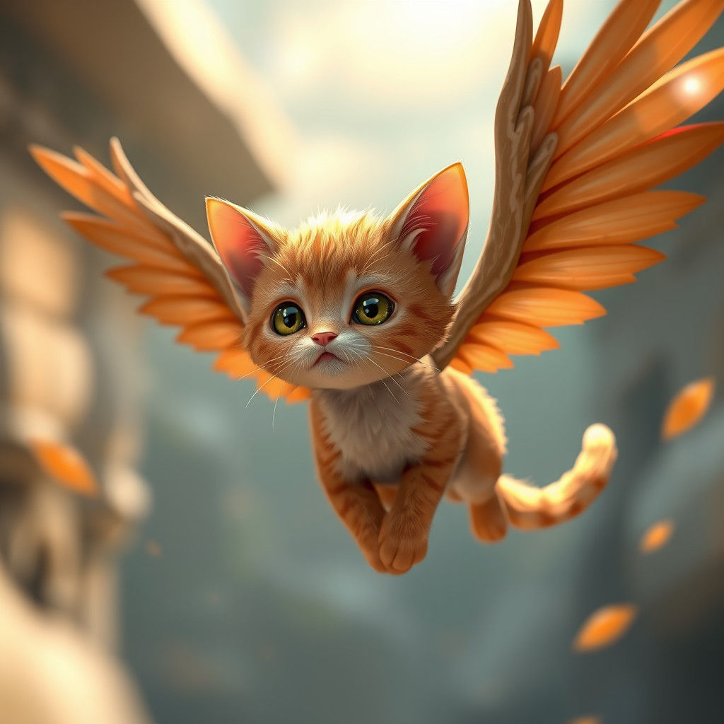 Flying Ginger Cat with Wings in Anime Style