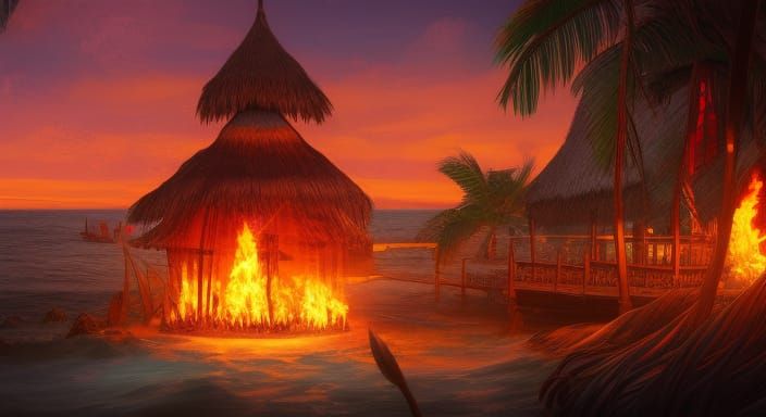 Flaming Tiki Hut at Night: Fantasy Concept Art